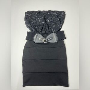 Cefiana BELTED A LINE Black Sequin Mini Dress Size M